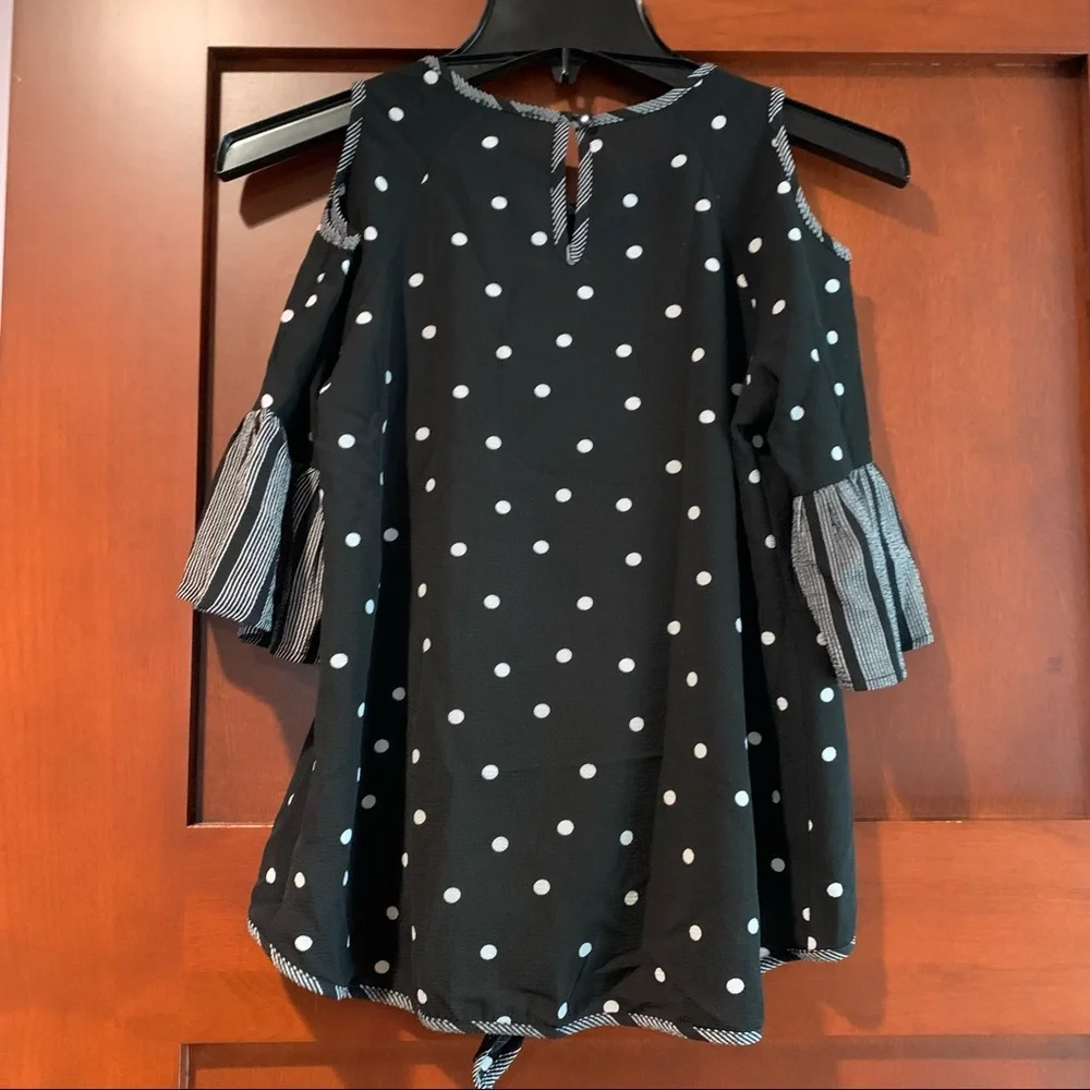 Monteau Polka Dot Striped Keyhole Tie Ruffle Sleeve Blouse